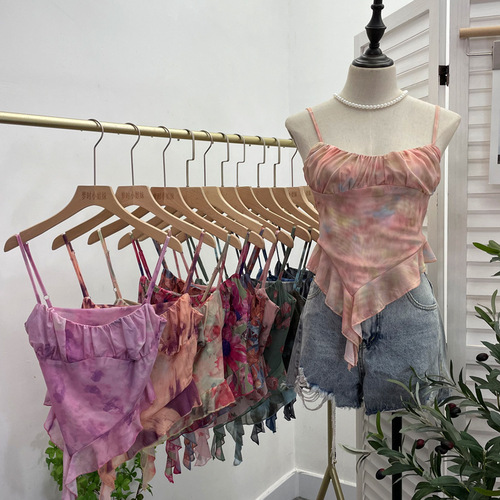 Real shot hot girl tube top irregular camisole slim fit printed mesh sleeveless top wholesale 8950