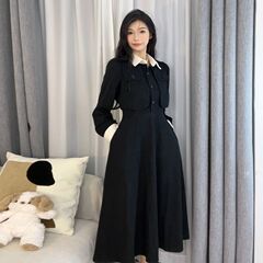 早秋季裙子2025年新款黑色法式连衣裙女春秋装内搭假两件收腰长裙