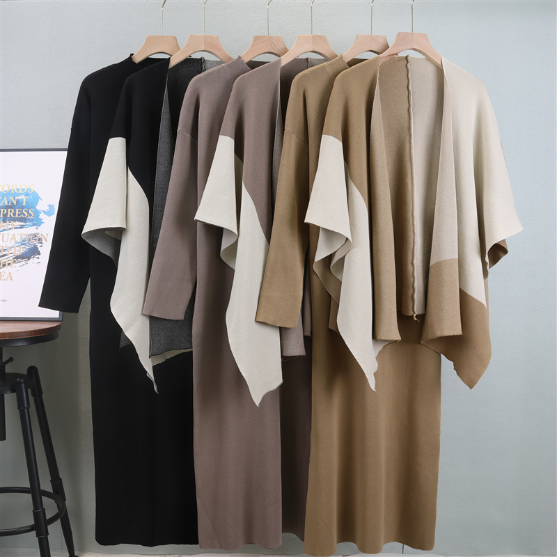 Women's Clothing 2024 knitted suit autumn and winter new contrast color cape shawl + half high collar knitted dress two piece suit_voghion.com
