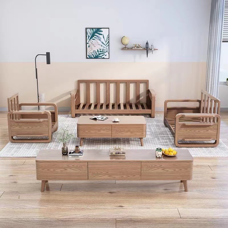 Nordic solid wood fabric sofa simple living room small apartment three-seat log complete ash wood sofa combination