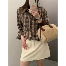 黄峥复古港风polo领格子衬衫女秋冬叠穿宽松长袖开衫潮上衣541037