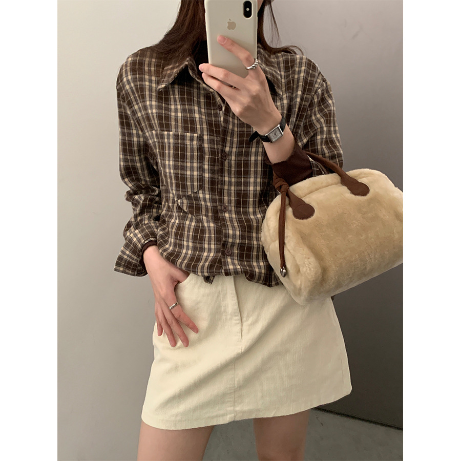 黄峥复古港风polo领格子衬衫女秋冬叠穿宽松长袖开衫潮上衣541037