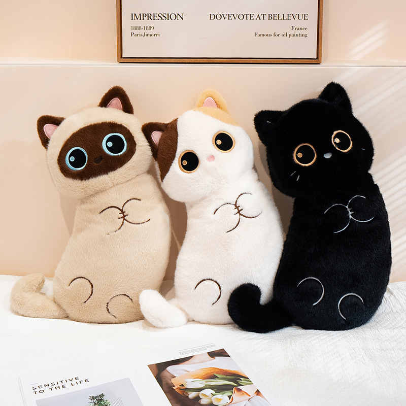 Cute striped cat long pillow, Siamese calico cat sofa bed headrest cushion, plush toy little black cat