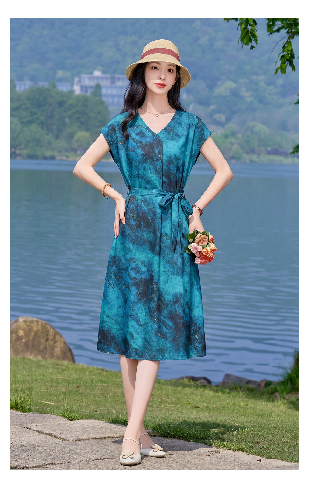 Đầm maxi nữ V cổ thắt eo họa tiết hoa nhí — xanh lam, màu vàng, màu đỏ chi tiết 24