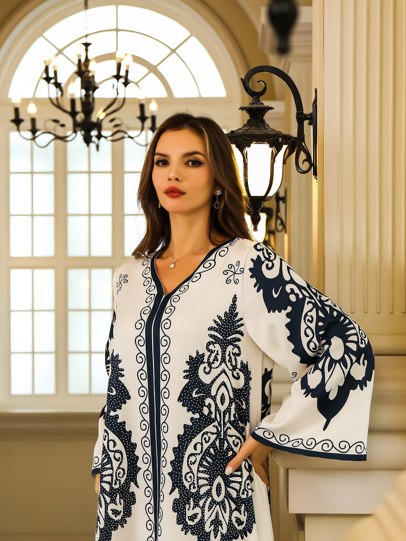 Arabic Clothing For Women, Fashionable Women's Wear, Dubai Turkish Abaya, Stylish V-neck With Rhinestones, Loose-fitting_ecoleips.com