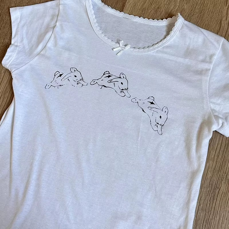 t-shirt美式2025女装夏兔子图案紧身辣妹显瘦露脐圆领短袖T恤|undefined