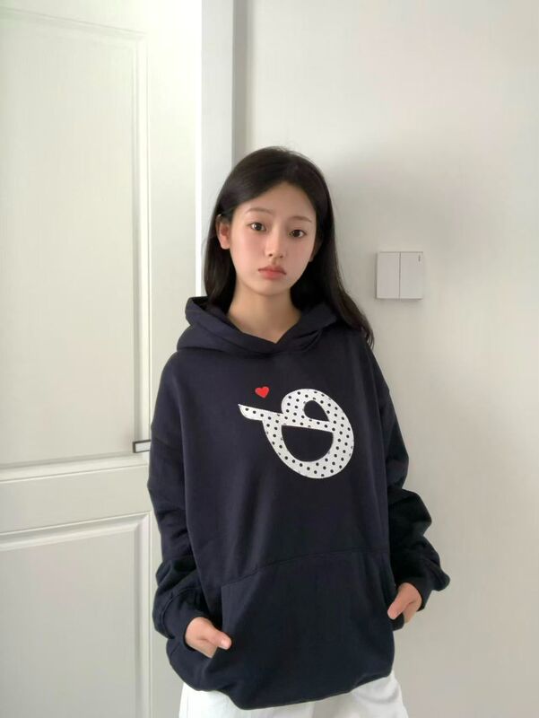学院风连帽卫衣女秋季穿搭波点字母印花长袖宽松休闲藏青色上衣潮|undefined