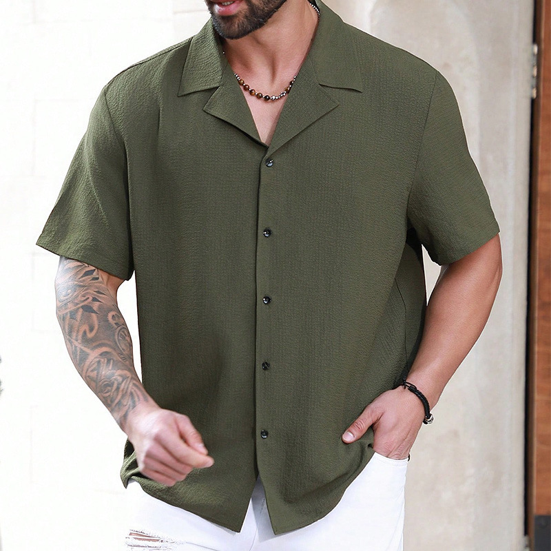 Cross-Border Polyester Textured Bubble Fabric Men's Cuban Collar American-Style European Size Casual Thin Short-Sleeve Shirt in Stock Cross-Border Polyester Textured Bubble Fabric Men's Cuban Collar American-Style European Size Casual Thin Short-Sleeve Shirt in Stock