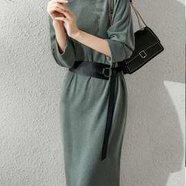 工厂直销慵懒通勤都市绿色羊毛毛衣连衣裙