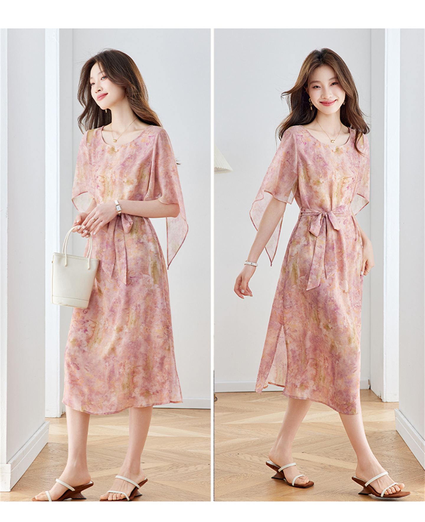 Đầm maxi nữ thắt eo in họa tiết hoa tay ngắn dáng suông che khuyết điểm — xanh lam, Màu hồng chi tiết 11