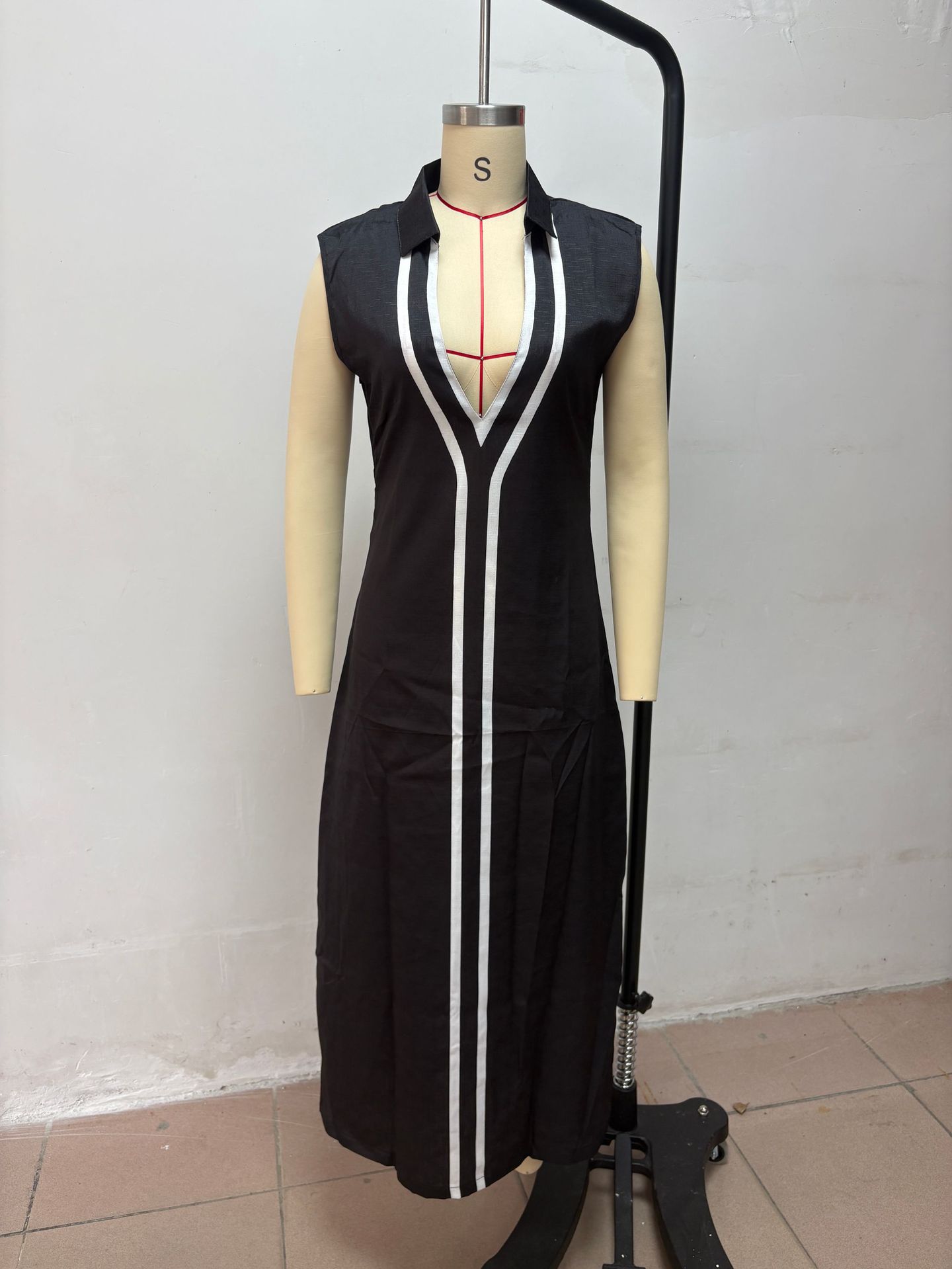 Elegant V-Neck Color-Block Casual Midi Dress For Women, Breathable Stretch A-Line Sundress For Daily Wear, Travel, And Office_ecoleips.com