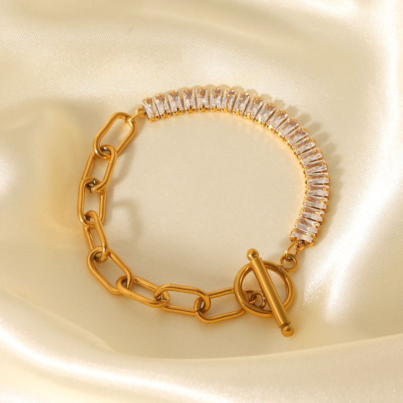 European and American Ot Buckle Stainless Steel Cross Chain Splicing Zircon Bracelet Women's High-End Titanium Steel Bracelet Cross-Border Jewelry Hand Jewelry