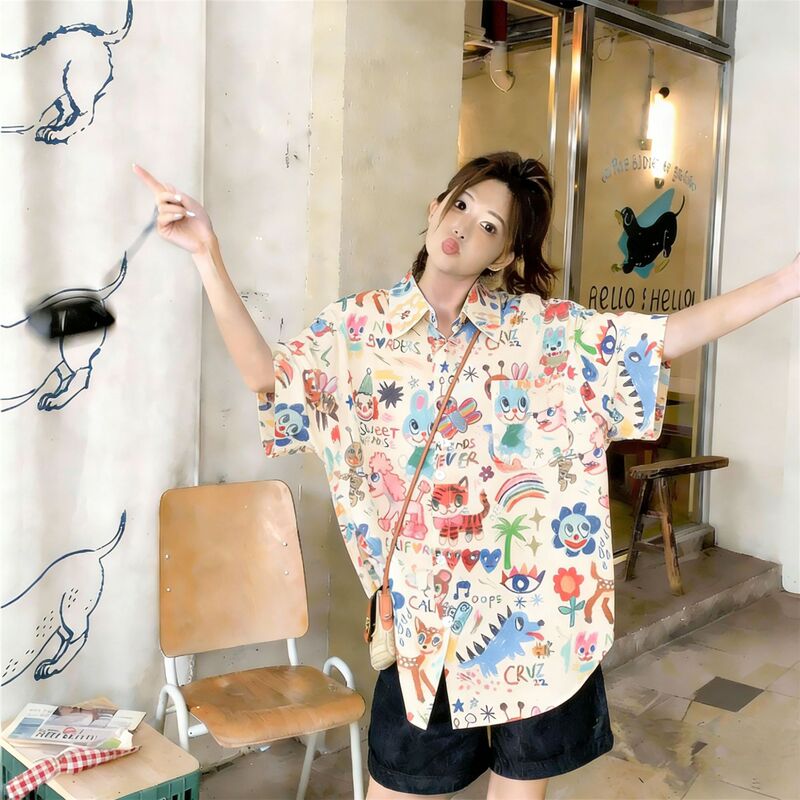 Summer New Style Fun Cartoon Print Short-Sleeved Shirt, All-Over Printed Shirt, Loose Graffiti Design, American Retro Top