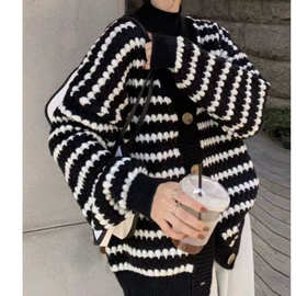 新品针织开衫女春秋2025年新款宽松外搭慵懒条纹加厚毛衣女图片色