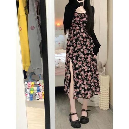 Ladies' Summer Floral Dress Set with Long Skirt and Sleeveless Open-Collared Top, Two-Piece Set with Sun Protection