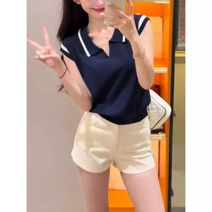 韩系撞色翻领无袖针织衫女2025新款学院风休闲设计感修身显瘦上衣