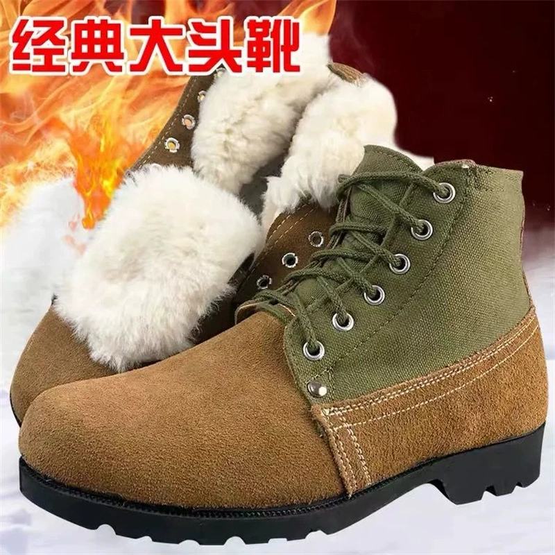 Мужская зимняя обувь с большим носком, Толстая шерстяная подкладка на флисовой подкладке, холодостойкая теплая хлопчатобумажная кожаная обувь на резиновой подошве, непромокаемые зимние сапоги из воловьей кожи