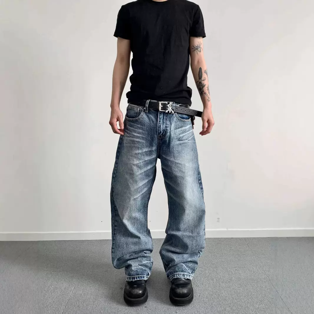 EME男装 牛王系列夏季水洗立体廓形自然猫须垂感做旧弧形牛仔裤