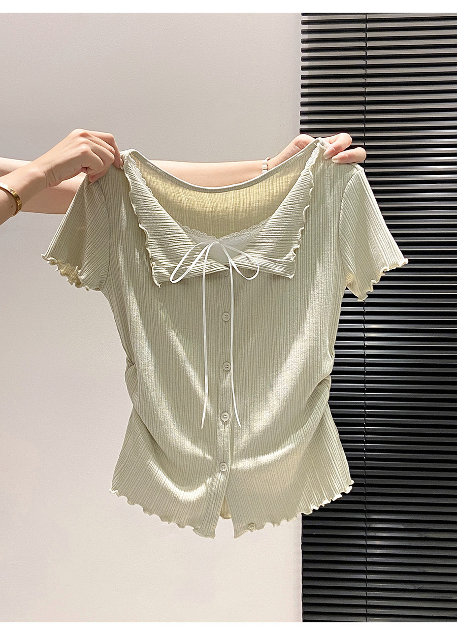 Áo thun nữ tay ngắn cổ tròn phối nơ ren giả hai lớp phong cách Hàn Quốc — màu trắng chi tiết 5