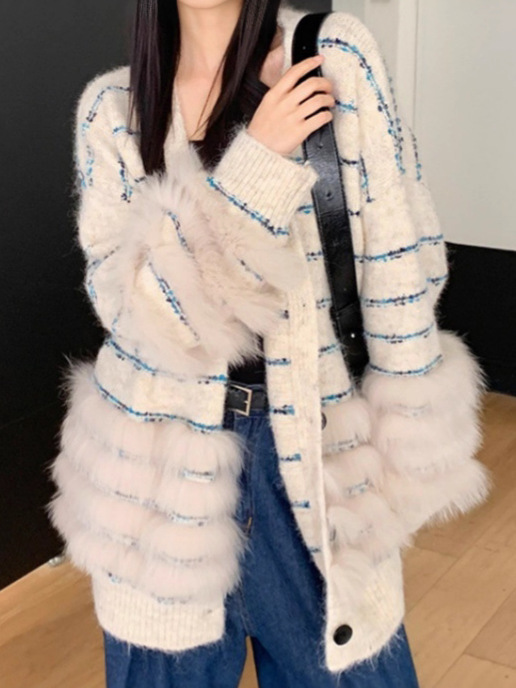 高级感拼毛条纹针织开衫女韩系中长宽松显瘦毛衣慵懒风上衣外套|undefined
