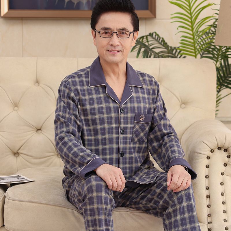 중년 남성 잠옷 면 긴팔 봄, 가을 중년 및 노인 아빠의 플러스 사이즈 가을, 겨울 가정복 세트
