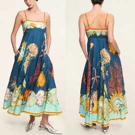 独立站跨境欧美女装2025夏季新款度假大摆涂鸦棉麻无袖吊带连衣裙