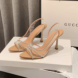 Spring/Summer 2023 New High Heels Stiletto Heel Rhinestone French Style Elegant Socialite Sandals with Fairy Style for Women