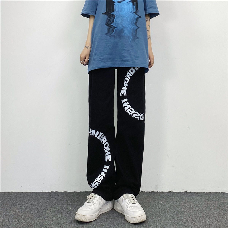American Style High Street huffnpuff Pants Women's fleece-lined Trendy All-match Casual Loose Slimming Straight Leg Wide-leg Pants American Style High Street huffnpuff Pants Women's fleece-lined Trendy All-match Casual Loose Slimming Straight Leg Wide-leg Pants