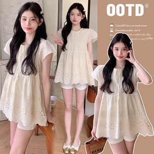 Maternity Wear Summer New Style 2025 Korean Style Sweet Fashion Suit Loose Embroidered Lace Western Style Maternity Two-Piece Suit