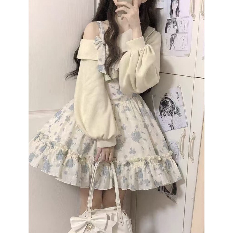 Improved Model, Please See the Actual Lolita Dress before Placing an Order. New Autumn and Winter Preppy Style Floral Suspender Skirt