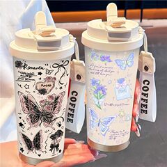 简约蝴蝶保温杯不锈钢便携双饮咖啡杯2025新款女吸管水杯子高颜值