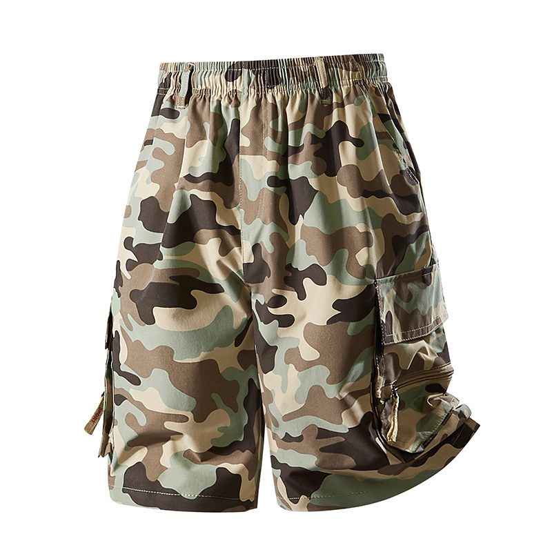 2025 Summer Casual Men's Shorts with Zipper Pockets, Camouflage Five-Point Pants, Cargo Style, Cross-border Foreign Trade, Beach Pants, Men's Pants