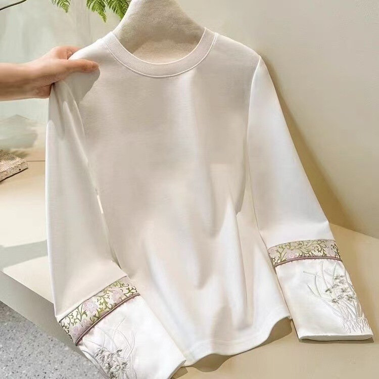 Pure Cotton New Chinese Style Embroidered White Patchwork New Cuff Design Spring and Autumn 2026 Long-Sleeve Top Base T-Shirt for Women