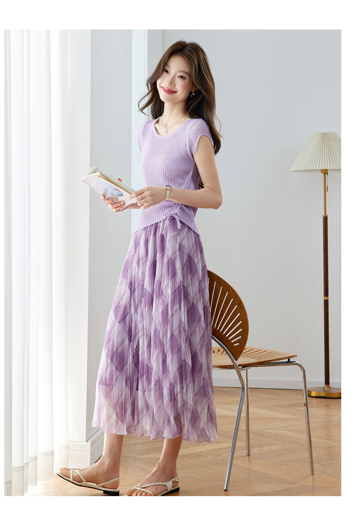 Bộ áo thun kẻ sọc phối chân váy midi hai mảnh nữ tính — màu tím chi tiết 15