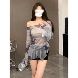 时尚网纱性感辣妹露肩长袖T恤女夏季新款修身显瘦内搭短款上衣
