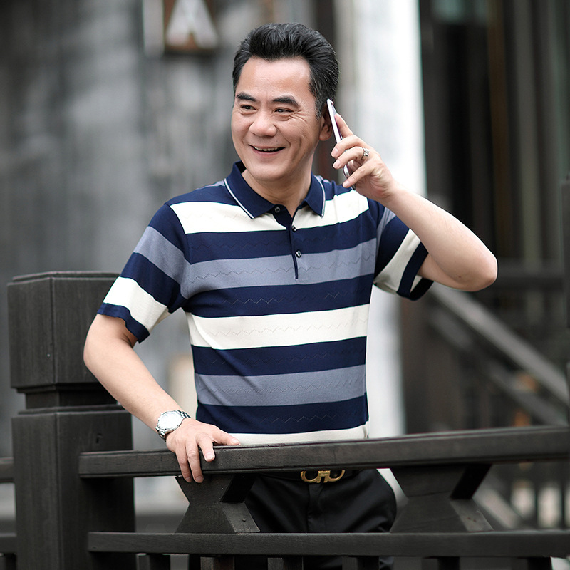 Camiseta de manga corta de seda de hielo de verano de papá camiseta de solapa de hombre de mediana edad suelta camisa de fondo de hombre de mediana edad y anciano