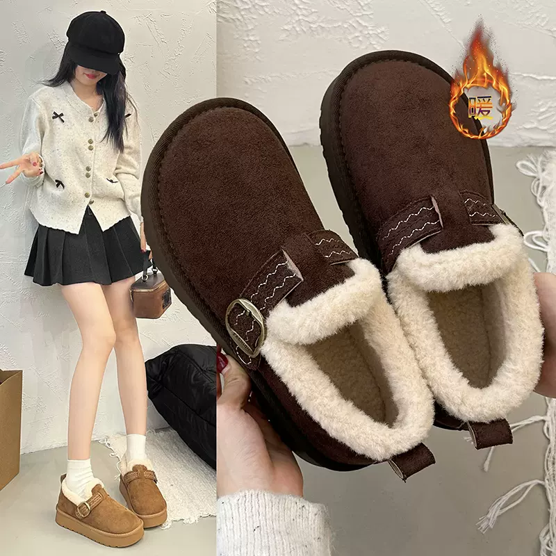 全包勃肯鞋加绒保暖一脚蹬棉鞋雪地靴女款厚底羊羔毛毛鞋子女棉鞋