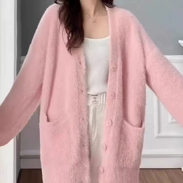 Gentle Soft Waxy Mink Velvet Mid-Length Cardigan Knitwear Women's Outwear Spring Autumn Winter Loose Lazy Style V-Neck Knitwear