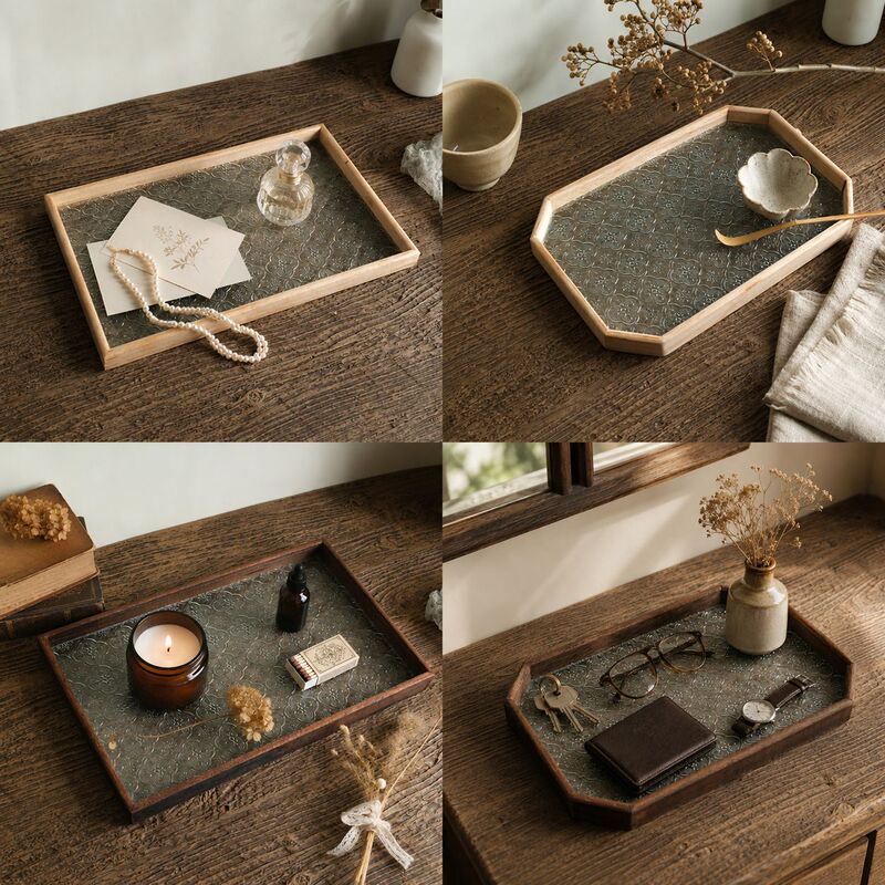 Light luxury solid wood glass tray, vintage begonia tea tray, fruit tray, snack and dried fruit plate, Chinese restaurant tray