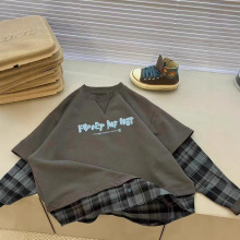 男童长袖t恤儿童翻领假两件春秋装2025新款薄款格子休闲男孩上衣5