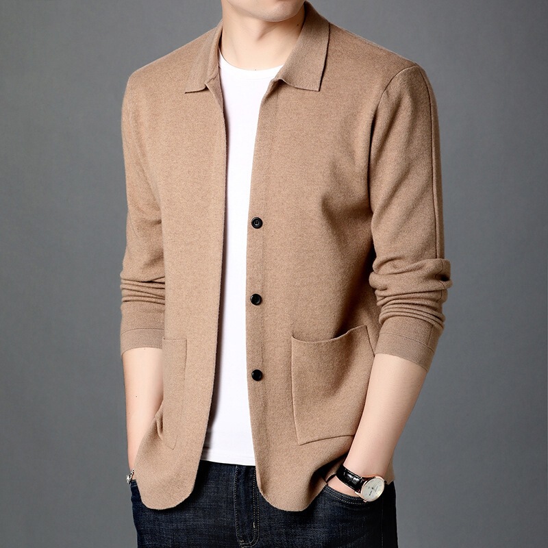 Men's wool blend cardigan, suitable for spring and autumn, with a collar, pockets, trendy button detailing, and a knitted sweater design, perfect as an outerwear piece or workwear jacket