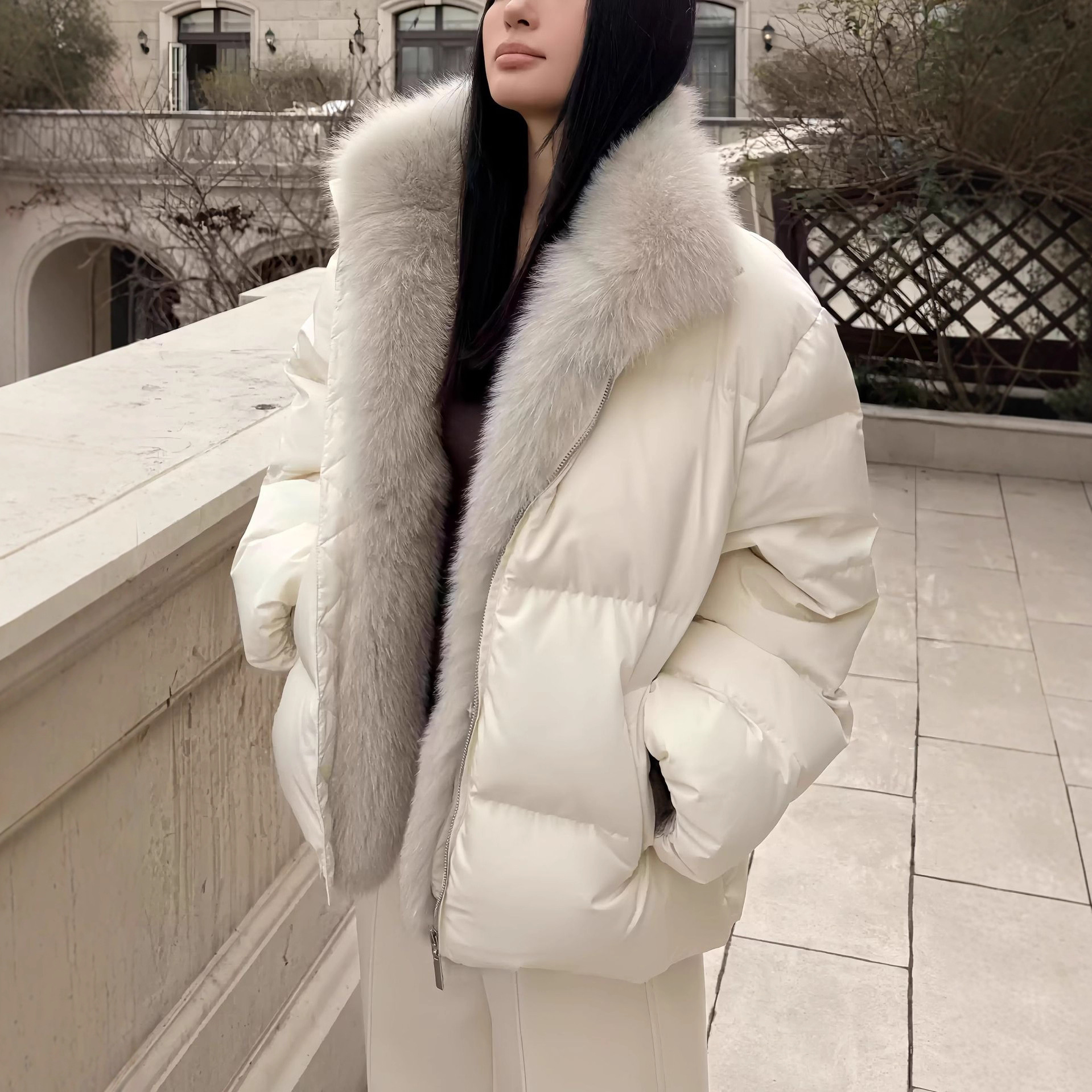 【雪狐派克】狐狸毛领门襟保暖三星90白鸭绒羽绒服女