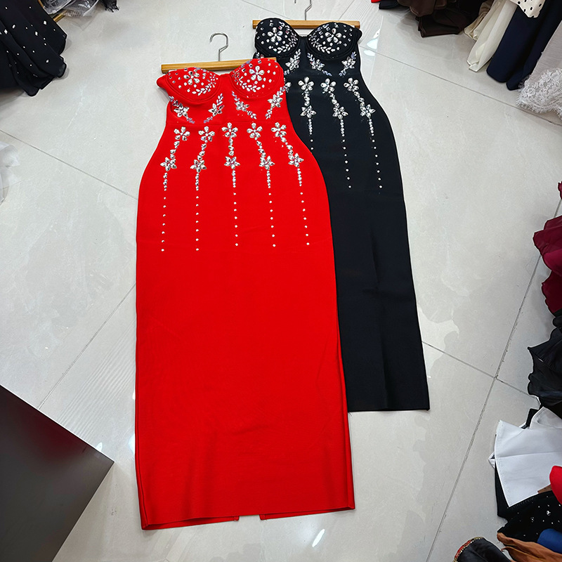 Sleeveless Strapless Backless High-End Dress with Heavy Beading and Three-Dimensional Floral Bandage Dress A1 # 1228