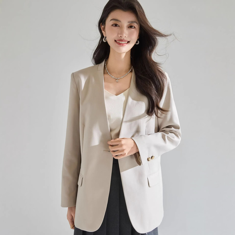 【Shenghong】Spring and Summer New Minimalist V-Neck Structured Blazer for Women, Loose Casual Commuter Jacket