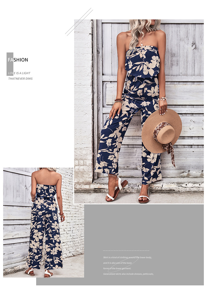 Flower Print Bandeau Straight Leg Jumpsuit_voghion.com
