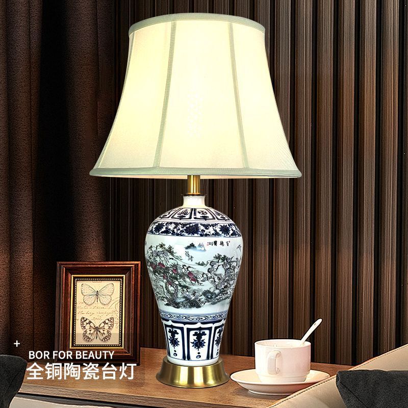 New Chinese Style Blue and White Ceramic Table Lamp Living Room Study Table Lamp Warm Bedroom Bedside Decoration New Copper Base