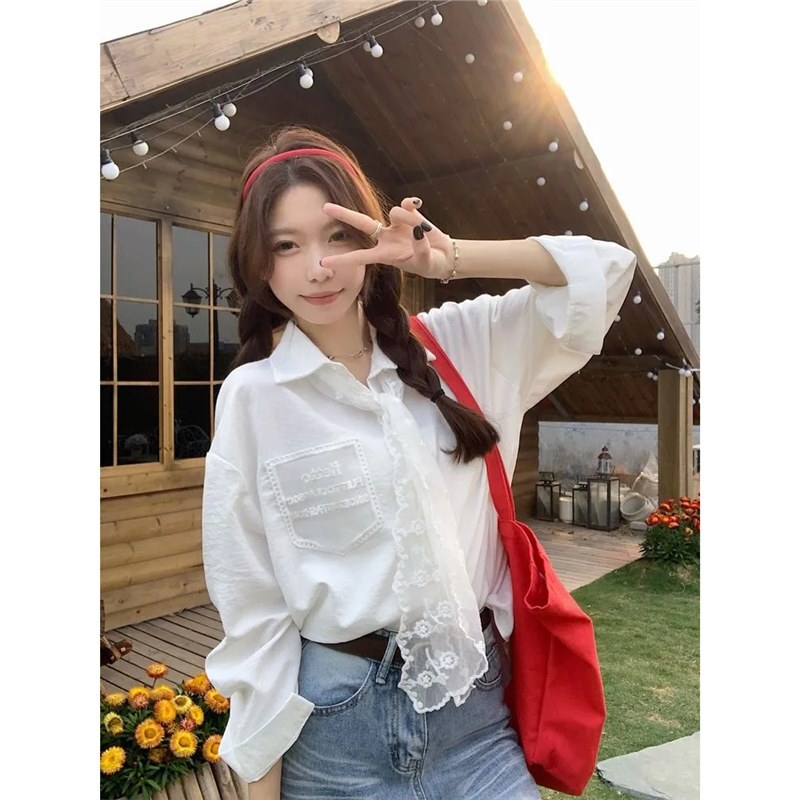 Lace Tie Long-Sleeved White Shirt Women's Spring Fresh Design Shirt Cardigan Top