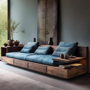 Wabi-Sabi Style Old Elm Sofa, New Chinese Style Straight Sofa, Living Room Double Sofa, Solid Wood Floor-Standing Luohan Bed