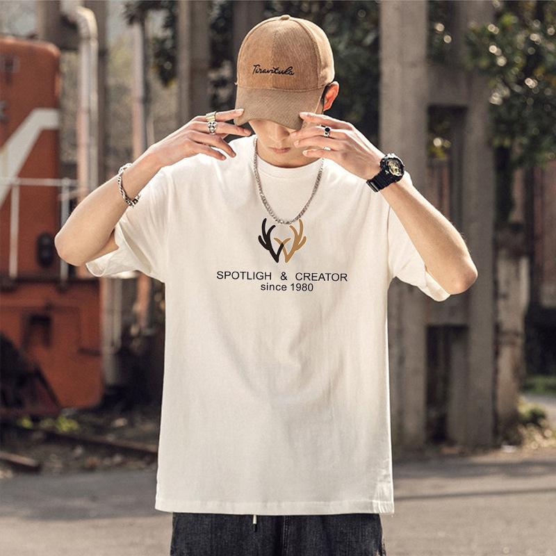 Camiseta de manga corta de los hombres de algodón de manga corta pie 230G pesada suelta marca de moda verano cuello redondo Camiseta de los hombres