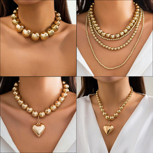 欧美跨境饰品夸张圆形朋克项圈锁骨链热销几何珠子爱心吊坠项链女